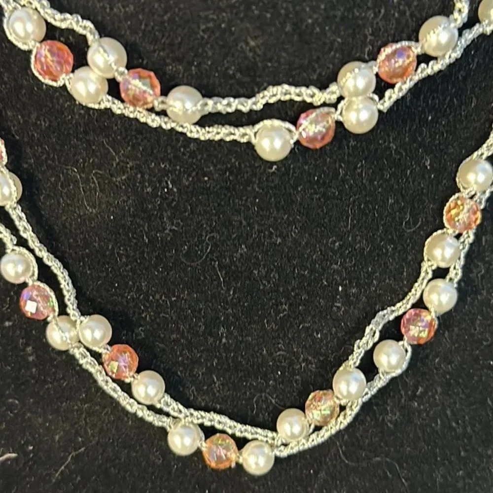 Handmade Pearl & Pink Bead Necklace Silver Thread Continuous Strand Boho Jewelry